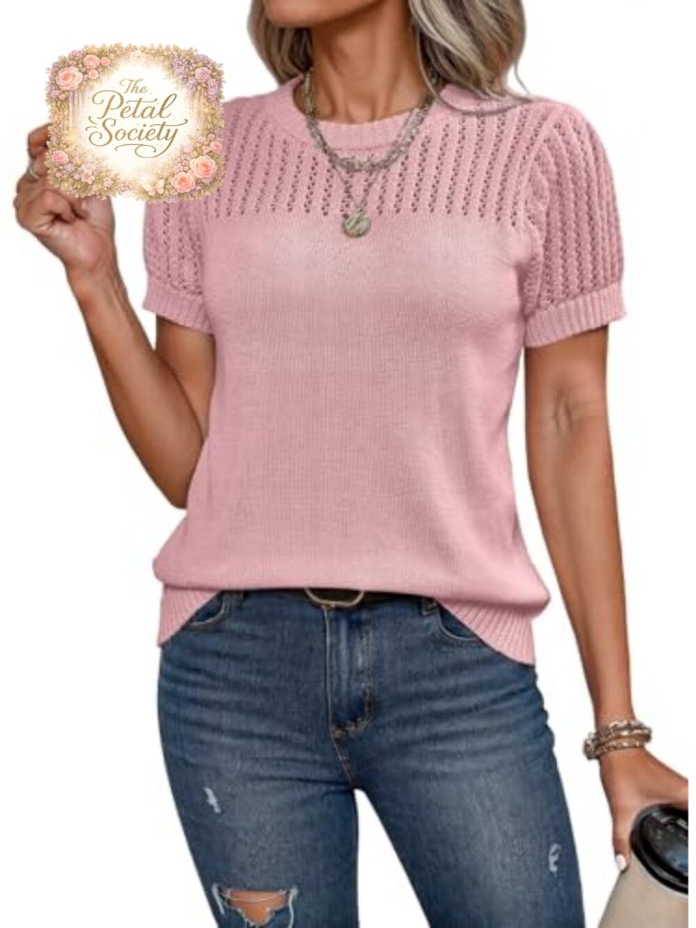 Womens Short Sleeve Hollow Out Knit Sweater Pullover Loose Fit Top